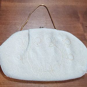 Vintage Sharonee Ivory and White Beaded Purse Handbag with Gold Hardware